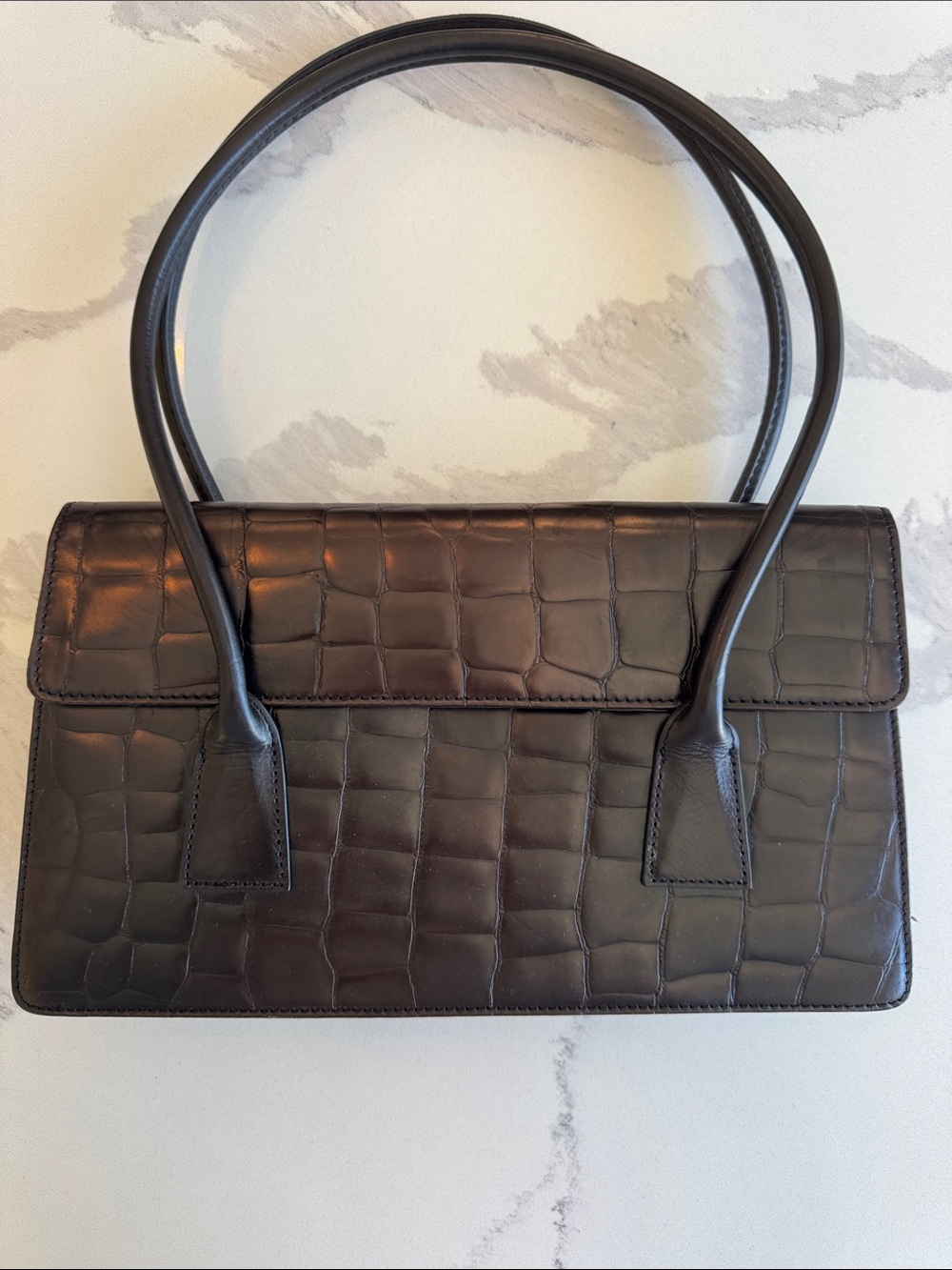 Y2k structured black shoulder bag crocodile-embossed texture purse minimalistic